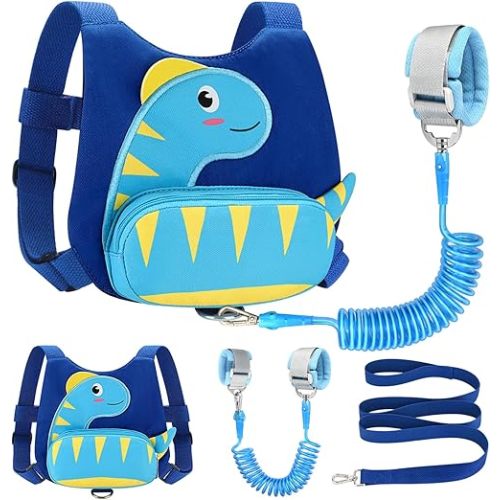 Accmor Toddler Harness with Leash, Cute Dinosaur Kids Harness + Anti Lost Wrist Link, Mini Child Harness Leash Wristband Strap Belt Protector for Baby Boys Girls to Outdoor Travel (Blue)