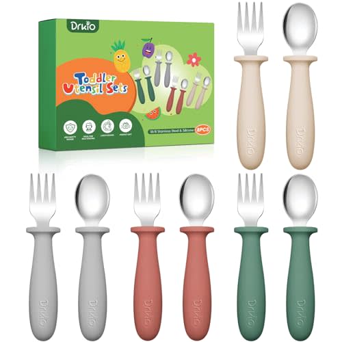 DRKIO 8 Pieces Toddler Utensils Set - Kids Silverware Set with Silicone Handle Children Safe 18/8 Stainless Steel Forks and Spoons Anti-Choke Design Food Grade Dishwasher Safe