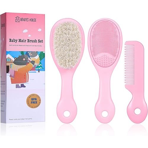 3 Piece Baby Hair Brush and Comb Set for Newborns and Toddlers (Pink)
