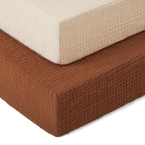 Pro Goleem 2 Pack Muslin Crib Sheets for Boys and Girls, 100% Cotton Soft Breathable Neutral Fitted Baby Bed Sheets Set for Standard Crib Mattress & Toddler Mattress 52"x28", (Brown&Beige)