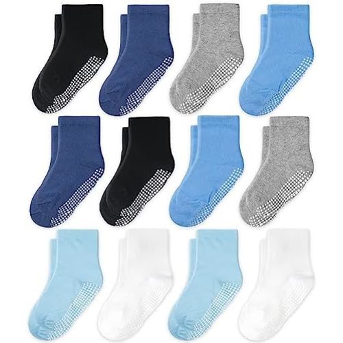 CozyWay Baby & Toddler Socks With Grippers Non Slip Crew Grip Socks for Girls and Boys Soft Comfy Cotton - 12 Pack