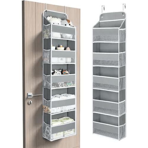 Yecaye 1 Pc Over The Door Organizer with 5 Bins 10 Side Pockets, 44lbs Load Hanging Bathroom Organizer, No Tilt Closet Organizers and Storage for Bedroom, Baby Organizer for Extra Storage, Grey