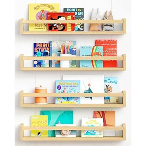 Forbena Natural Wood Nursery Bookshelves for Wall, 24 Inches Long Floating Book Shelves, Wall Mounted Bookcase for Baby Teen Girl Boy Kids Room Bedroom, Playroom Organizer, Bathroom Decor (4-Pack)