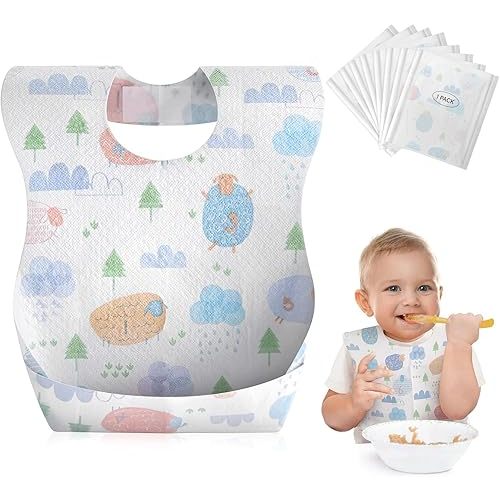 Babebay Disposable Bibs, 30 pcs Individually Packaged with Catcher and Leakproof Liner for Toddler Feeding, Baby Travel Essential, Graffiti Sheep