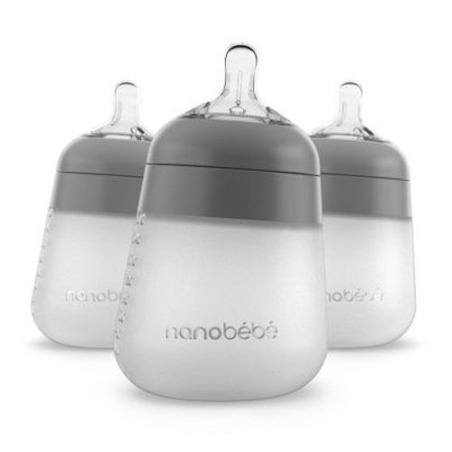 Nanobebe Flexy Silicone Baby Bottle Anti-colic Nipple, Soft Body, Stable Base - Gray - 9oz/3pk