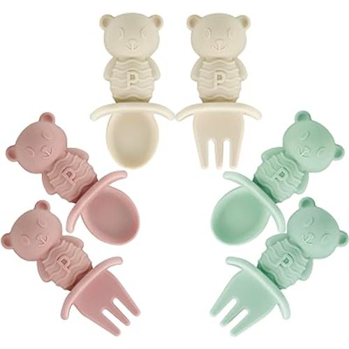 PandaEar 6 Pack Baby Led Weaning Spoons Forks 6+ Months | Silicone Baby Spoons and Fork Self Feeding Utensils, Toddler Infant Anti-Choke Feeding Utensils, Bear Shape (Pink Green Linen)
