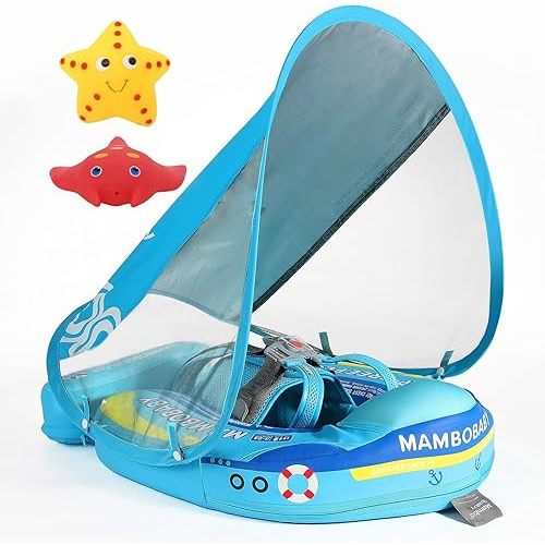 Mambobaby Float with Canopy Size Improved Non Inflatable Infant Pool Float Smart Mambo Float Swim Trainer Add Tail Baby Swim Float Mambo Baby Float Solid Air Free Water Waist Swimming Ring