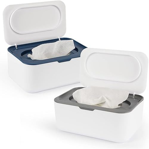 2 Pack Baby Wipes Dispenser, Wipes Case Baby Wipe Holder Keeps Wipes Fresh, Non-Slip, Easy Open & Close (Grey and Blue)