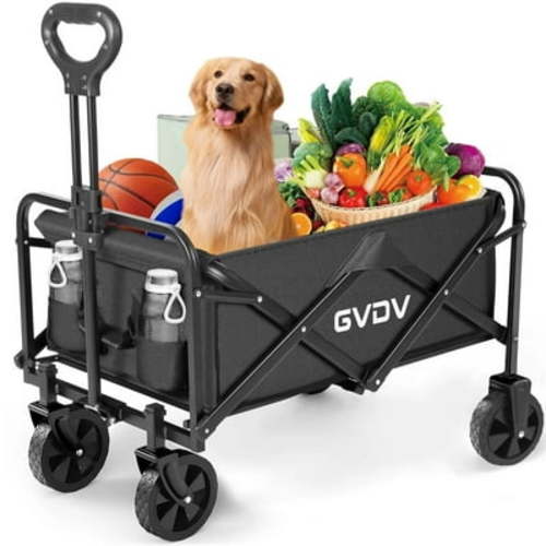 GVDV Collapsible Wagon Cart, Portable Utility Wagon for Camping, Beach, Picnic, Shopping, Sports, and Grocery Transport, Black