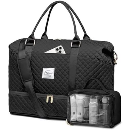 Women Weekender Travel Duffle Bags: Duffel Overnight Bag with Shoe Compartment Large Carry on Tote Bag Toiletry Bag Weekend Yoga Gym Bags with Wet Pocket Hospital Bags for Labor and Delivery Black