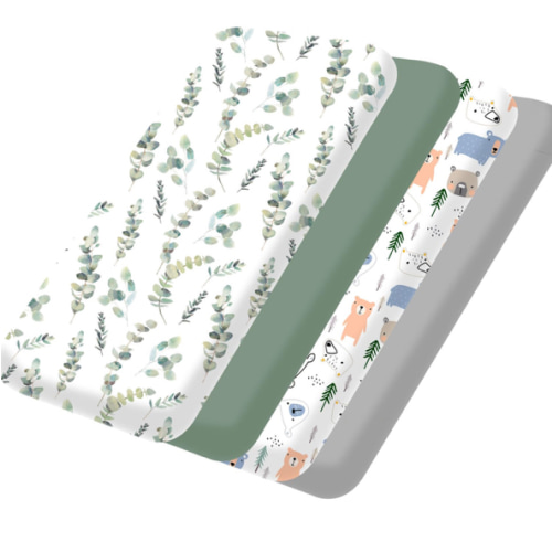 bimocosy Mini Crib Sheets,Pack and Play Sheets for Baby Boy Girl 4 Pack,Size 38"x 26" for Playard Mattress,Portable Mini Crib,Soft Pack N Play Sheets Fitted,Leaf/Bear/Gray/Green