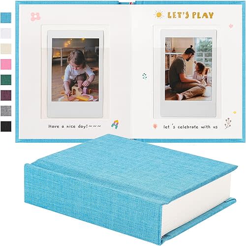 Instax Mini Photo Album With Writing Space, Linen Hardcover Polaroid Photo Album 28 Pockets For 2x3 Pictures, Polaroid Album Book For Fujifilm Instax Mini Instant Camera (Blue)