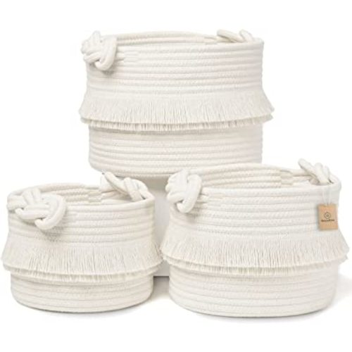 NaturalCozy 3-Piece Decorative Storage Basket Set – Cotton Rope Woven Baskets for Organizing! Small Storage Bins for Nursery Baby Stuff, Gift, Montessori, Dog Toy Bin, Cat Toys, Bathroom Shelves