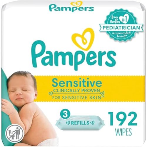 Pampers Baby Wipes Sensitive, Water Based Wipes, Hypoallergenic and Unscented Wipes, 192 Wipes Total (3 Refill Packs)