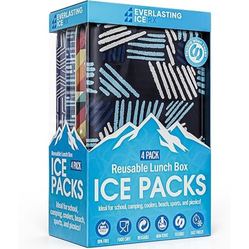 Everlasting Ice RX Reusable Ice Packs for Lunch Boxes & Coolers (4 Pack) Flexible, Long-Lasting, BPA Free, Versatile Soft Ice Pack for Insulated Bags, Picnic, Travel, and More