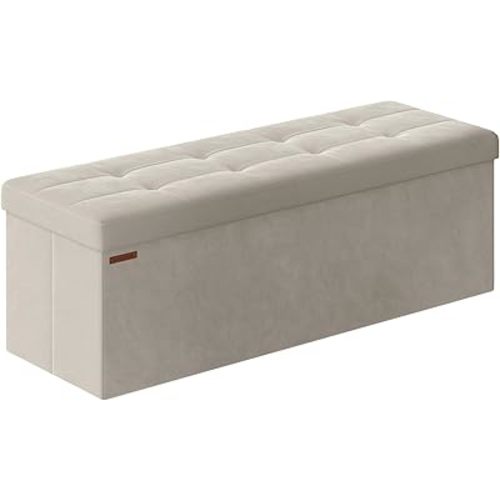 SONGMICS Storage Ottoman Bench, Foldable Ottoman Foot Rest, 15 x 43 x 15 Inches, End of Bed Bench, Storage Chest, Load up to 660 lb, for Living Room, Bedroom, Entryway, Cream White ULSF277W01
