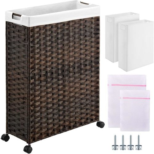 Greenstell Laundry Hamper with Wheels, 66L Slim Laundry Basket with 2 Removable Liner Bags & 2 Mesh Bags, Narrow Dirty Clothes Basket, Handwoven Synthetic Rattan Organizer in Bathroom, Bedroom, Brown