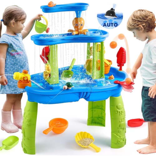 JoyStone Kids Sand Water Table for Beach, 3-Tier Water Activity Table with Water Pump, 28.66" Tall Sensory Play Table Toy for Toddlers, Summer Outdoor Backyard Gift for Kids