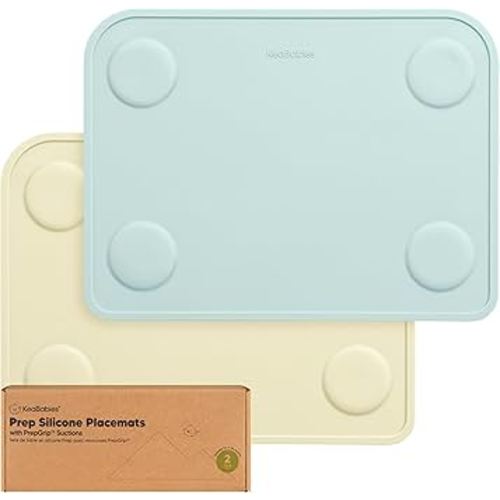 KeaBabies 2-Pack Silicone Placemats for Toddlers - Non Slip Suction Baby Silicone Placemat for Kids, Eating/Feeding,Easy to Clean,Busy Travel Baby Mat for Dining Table,Food Grade/BPA-Free (Pastel Sky)