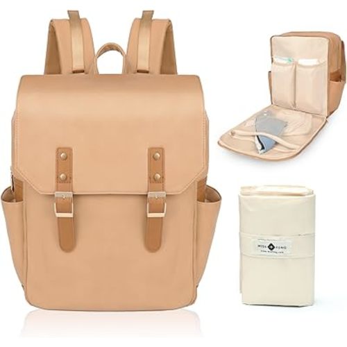 miss fong Leather Diaper Bag Backpack, Baby Diaper Bag for mom with 12 Pockets Large Capacity Baby Bag with Diaper Changing Pad and 4 Insulated Pockets(Brown)