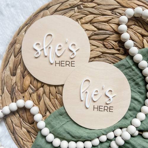 She’s Here Wooden Sign | He’s Here Wooden Sign | Birth Announcement Sign | Gender Announcement Sign | Gender Reveal Photo Prop | Birth Sign