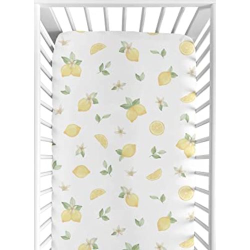 Sweet Jojo Designs Lemon Floral Girl Fitted Crib Sheet Baby or Toddler Bed Nursery - Yellow Green Beige White Watercolor Boho Bohemian Farmhouse Fruit Flower Blossom Botanical Leaf