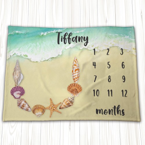 Seashell Starfish Beach Milestone Blanket, Personalized Baby Milestone Blanket, Baby Boy Month Blanket, Sea Shore Blanket