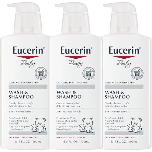 Eucerin Baby Unscented Baby Shampoo and Body Wash, Hypoallergenic, Tear Free Shampoo and Wash with Pro-Vitamin B5 and Shea Butter, 13.5 Fl Oz Bottle