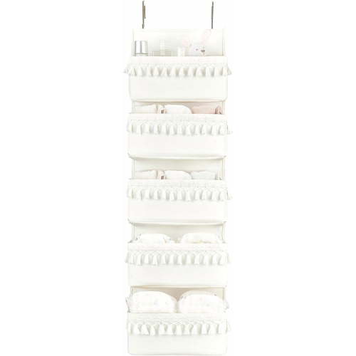 Dahey Over The Door Organizer Boho Nursery Storage Decor Closet Hanging Organizer with Tassels Decoration for Bedroom Nursery Bathroom Apartments Dorm Pantry, 5 Pockets, White