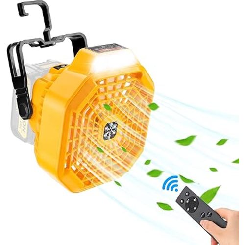 Taingwei Portable Fan with Remote for Dewalt 20v 60v Battery,Battery Operated Fan with 3 Energy Efficient Speed Settings and Dimmable Led Light for Camping,Emergency and Job Site(Tool Only)