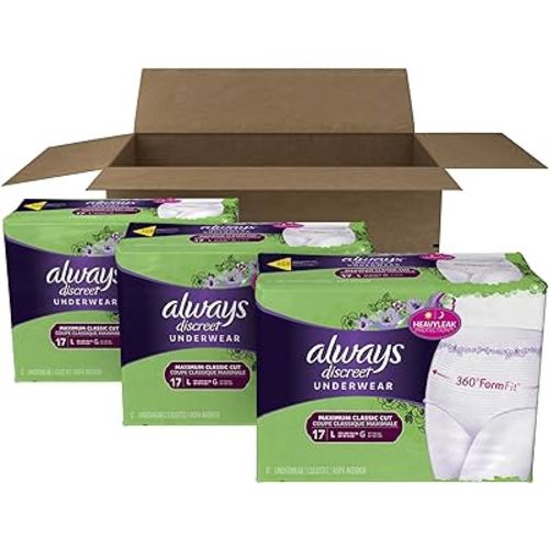 Always Discreet Incontinence & Postpartum Underwear for Women, Disposable, Maximum Absorbency, Large, 51 Count