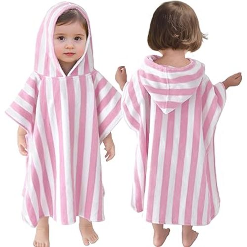 VOOVA & MOVAS Toddler Towels with Hood, Oversized (2-4Years,22"X22") Made from 100% Soft Cotton,Absorbent Hooded Poncho Towel for Baby Girls,Perfect for Pool | Swimming | Bath | Beach,Pink Stripe