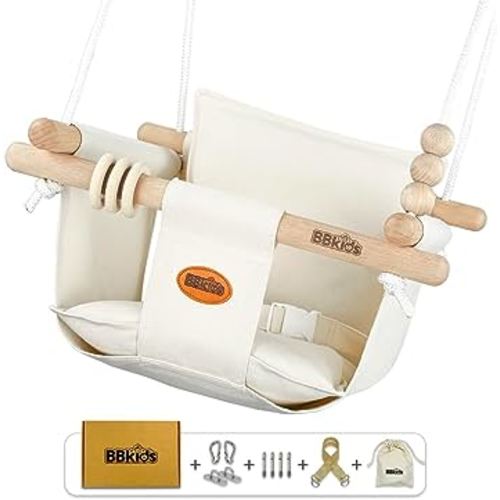 Indoor Baby Swing, Canvas Baby Swing, Wooden Hammock Hanging Swing Seat Chair with Safety Belt, Outdoor Kids Toddler Baby Tree Swing, Full Set of Ceiling Screws. (Cream)