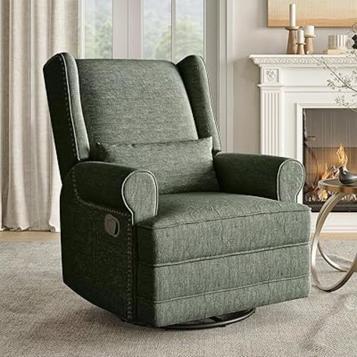 RoyalCraft Swivel Recliner Chair, Comfy Glider Rocking Chairs with Lumbar Pillow and Footrest, Upholstered Swivel Rocking Chair for Bedroom, Dark Green