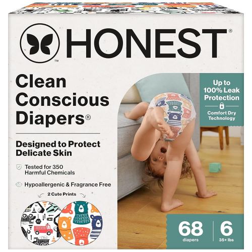 The Honest Company Clean Conscious Diapers for Delicate Skin | Up to 100% Leakproof | Hypoallergenic, Fragrance Free | Gender Neutral | Super Club Box, Size 6 (35+ lbs), 68 Count (Prints May Vary)
