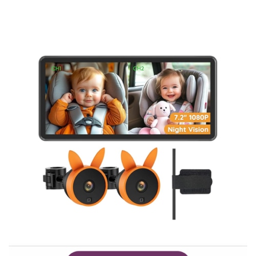 BV3 PRO Baby Car Camera for 2 Kids - 7.2" Large HD Display Dual Channel Baby Monitor, 1080P IR Night Vision Car Seat Camera, Easy Install Rear-Facing View – Ideal for Kids and Pet Safety