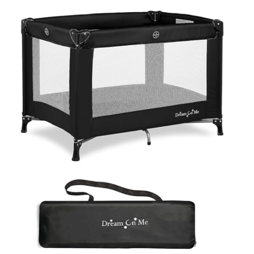 Dream On Me Nest Portable Playard in Black with Carrybag an Shoulder Strap, Lightweight, Packable and Easy Setup Baby Playard, Breathable Mesh Sides and Soft Fabric - Comes with a Removable Padded Mat