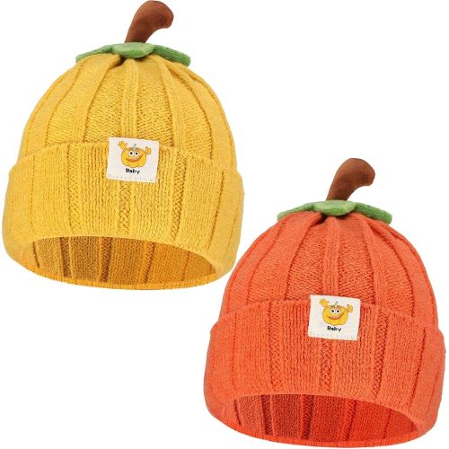 Mepase 2 Pcs Halloween Baby Pumpkin Hat Infant Kids Pumpkin Beanie Winter Cute Knitted Hat Newborn Beanie Baby Winter Hat Soft Boys Girls Pumpkin Cap for Toddler Autumn Thanksgiving Orange, Yellow