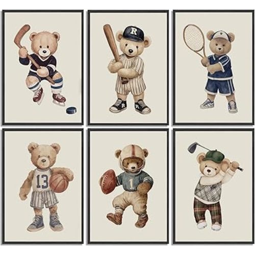 6pcs Teddy Bear Sports Wall Art Vintage Animal Nursery Wall Decor Pictures Boy Sports Rugby Baseball Poster Printing Artwork for Children Bedroom Kids Boy Room Game Room Home Decoration 8X10IN