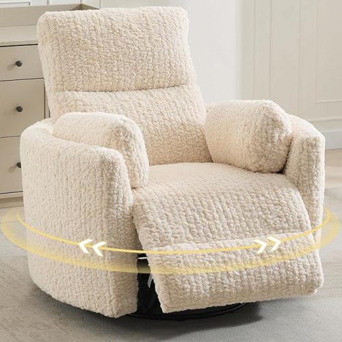 Power Swivel Glider Rocking Recliner Nursery Chair with 2 Pillows, Electric Rocker Reclining Chairs with Type-C & USB Charger Port for Living Room, High Back Barrel Armchair for Bedroom, Beige