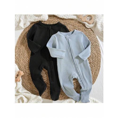 Loomiva 2pcs/Set Newborn Infant Baby Multipack Long Sleeve Solid Color Knit Soft Round Neck Long Sleeve Footed Jumpsuit Set Newborn Zipper Suit Baby Zipper Fall Winter | SHEIN USA