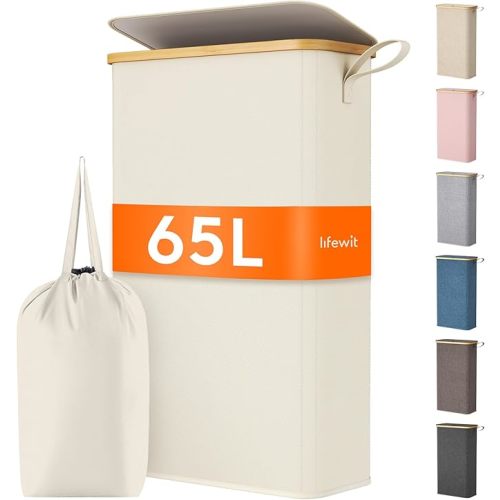 Lifewit 65L Slim Laundry Hamper with Lid, Narrow Laundry Basket with Removable Bag & Bamboo Handles, Fodable Thin Dirty Clothes Hamper for Laundry Collapsible Bin for Bathroom Bedroom Dorm, White