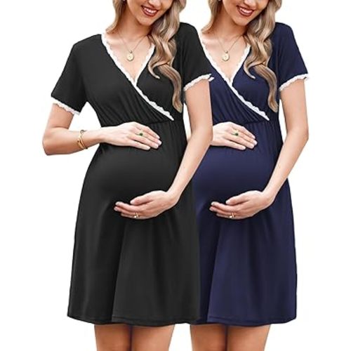Ekouaer Nursing Nightgown 2 Packs Delivery and Labor Gown for Hospital Short Sleeve Maternity Breastfeeding Dress