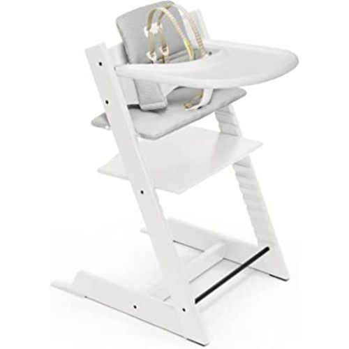 Tripp Trapp High Chair and Cushion with Stokke Tray - White with Nordic Grey - Adjustable, Convertible, All-in-One High Chair for Babies & Toddlers
