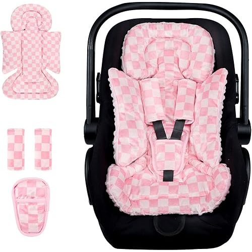 4 in 1 Infant Car Seat Insert, Baby Car Seat Head Body Support for Girls & Boys, Reversible Newborn Car Seat Insert with 3 Extra Strap Paddings, Premature Car Seat Cushion for Stroller, Swing (Pink)