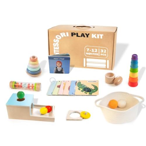 WOODMAM Montessori Toys for Babies 6-12 Months, 9 in 1 Educational Wooden Toys Set, Includes Object Permanent Box, Stacking Cups, Mirror Puzzle, Ring Stacker and More