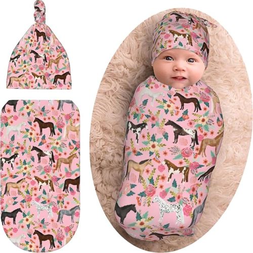 Horse Baby Gift for Girls - Soft Pink Swaddle Blanket & Beanie Set, Newborn Swaddle Sack for Baby Shower
