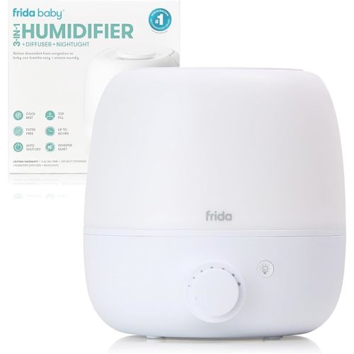 Frida Baby 3-in-1 Cool Mist Humidifier for Large Rooms, Top Fill Humidifier for Bedroom, 60 Hour Runtime + Diffuser, Nightlight, Auto Shut-Off, Quiet, Carry Handle, Nightlight, Essential Oil Diffuser