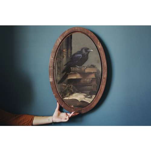 The Crow on the Books Wall Art,Wall plaque,Wooden Decor Plaque,oval raven art,Oval Wall Decor,Moody Wall Art,Gothic Style Decor for wall