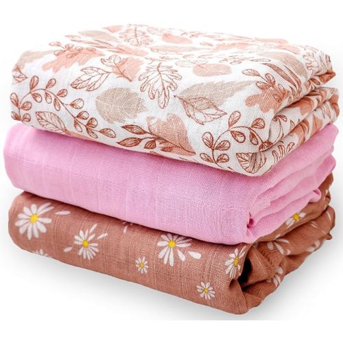Happy Flute 3 Set Muslin Swaddle Blankets,Essential Baby&Newborn Swaddling,Perfect for Boys&Girls,Receiving Blankets,Nursing,Stroller Cover,Large 47.2x43.3 inches Swaddle Wrap Burping Clothes. (Pink)